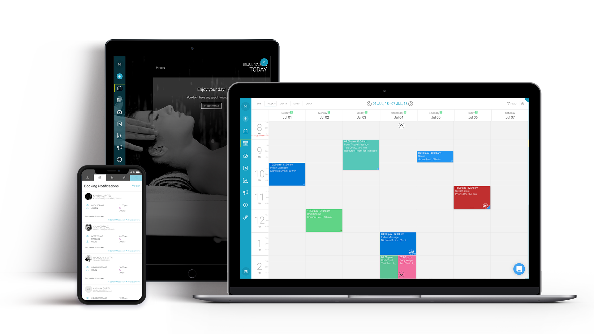 Appointy's admin portal, calendar and notifications page displayed on various devices